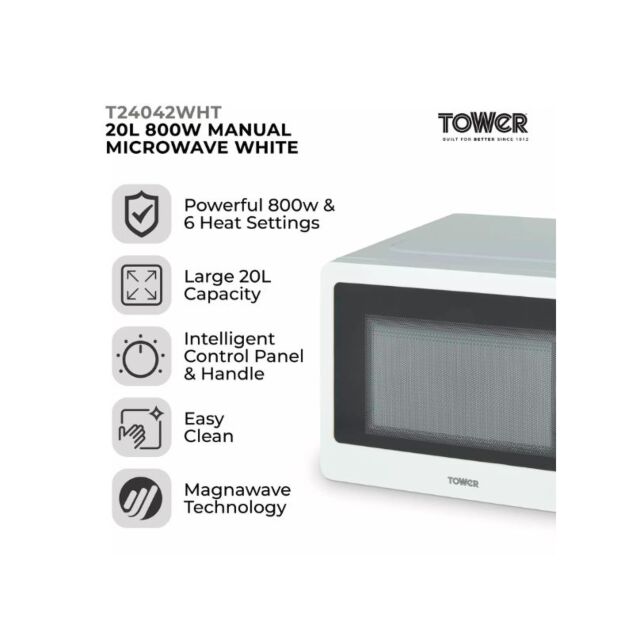 Tower T24042WHT 800 Watt Microwave 20L Manual Control White